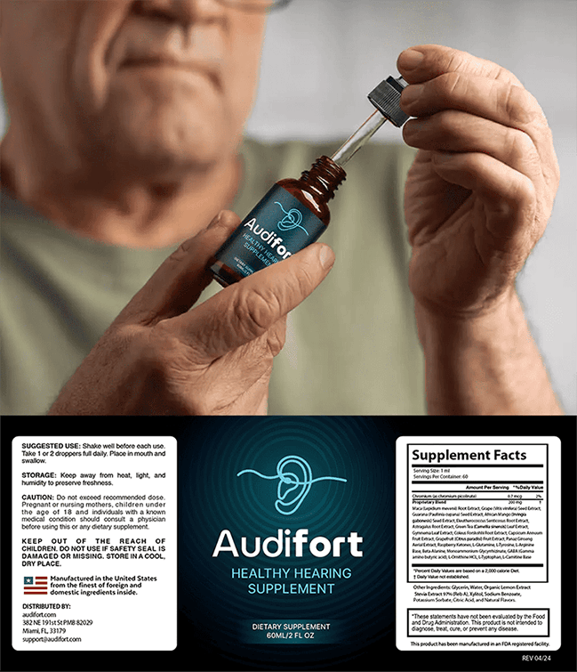 Audifort formula presentation showing the liquid supplement and its botanical ingredients